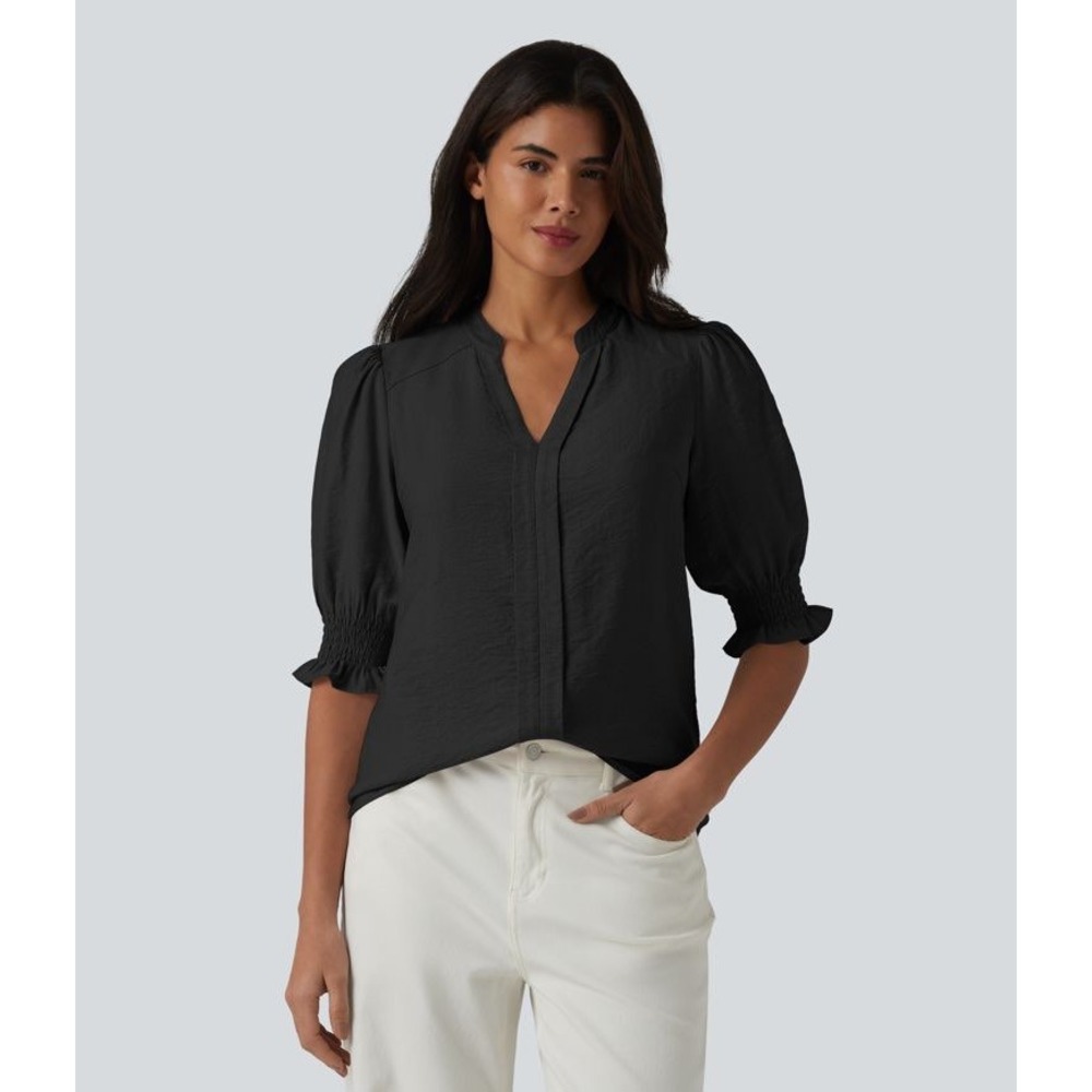 NWT Halara Sz Small Black Puff Smocked Sleeve V Neck Blouse Top Casual Career